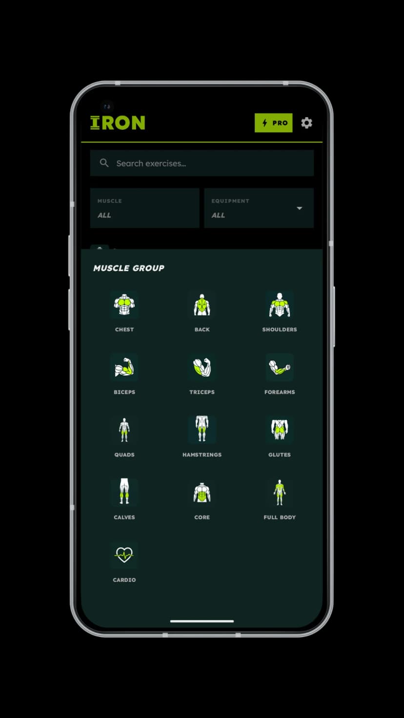 IRON: gym exercises library organized by muscle group on Android